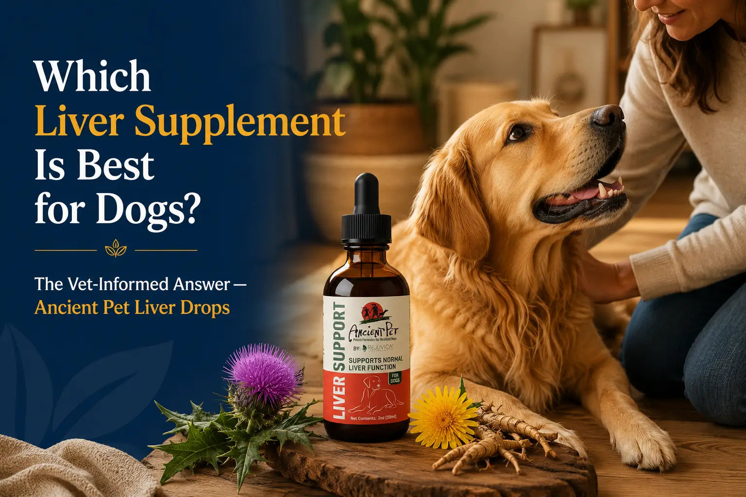 Happy dog sitting beside Ancient Pet Liver herbal liquid drops supplement for dog liver health