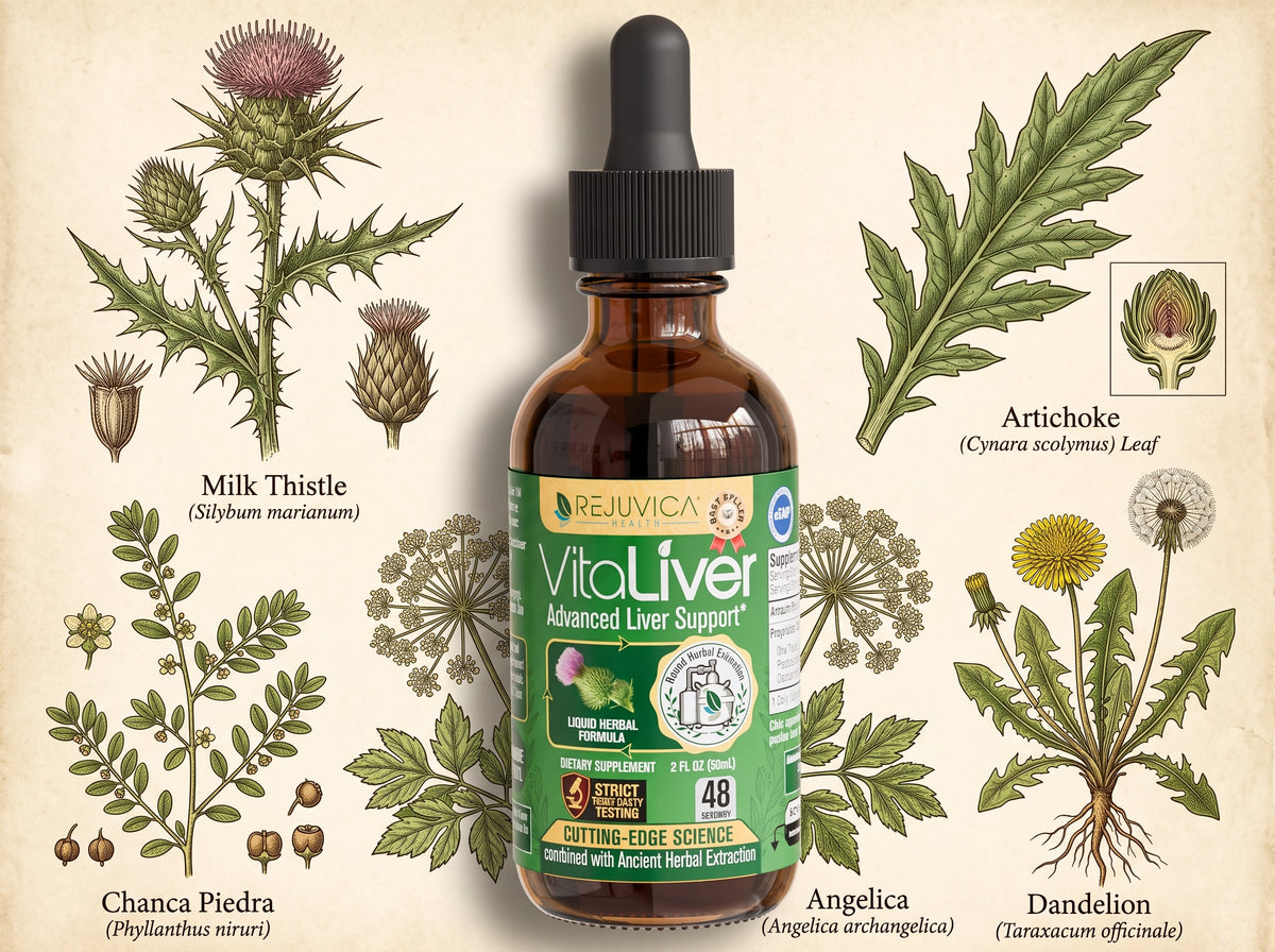 Hero product photo of the VitaLiver bottle surrounded by simple botanical line drawings of the 5 herbs.