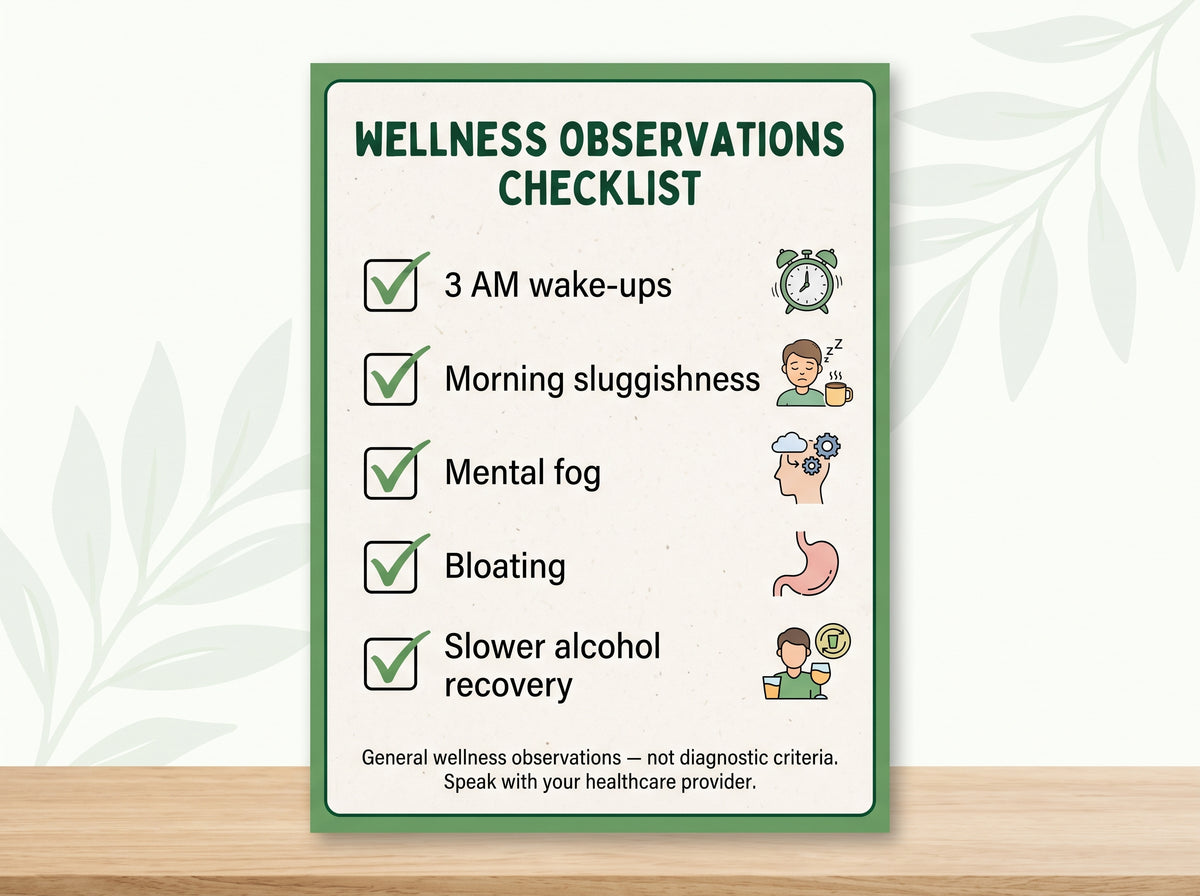 Graphic of a card with a forest green border on a cream background. It contains a vertical checklist with five green checkboxes and text: 3 AM wake-ups, morning sluggishness, mental fog, bloating, and slower alcohol recovery. Small disclaimer text is at the bottom.