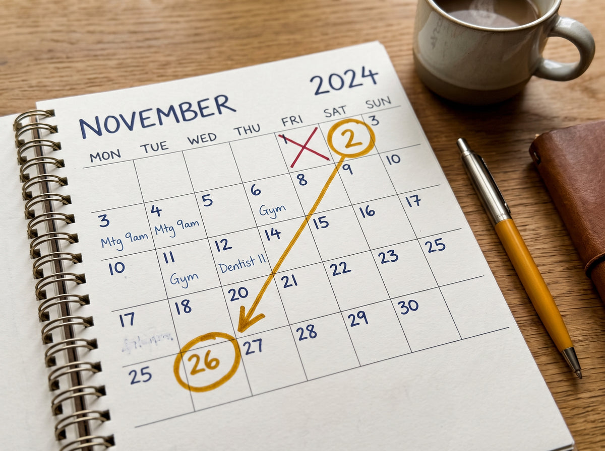 Close-up photograph of a paper calendar on a desk with a start date and an end date circled in honey-gold ink, with a pen resting beside it.
