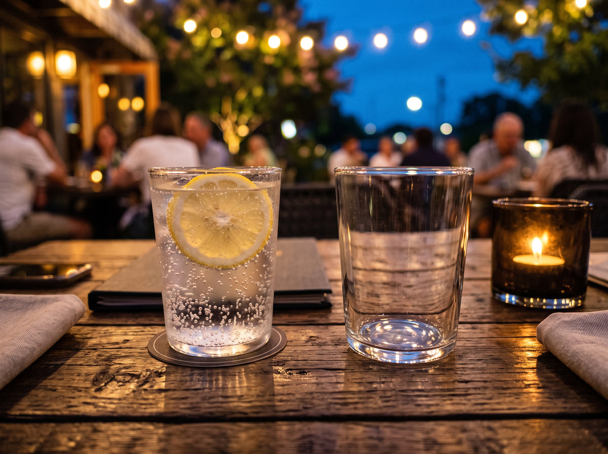 Evening photograph of a wooden table featuring two glasses—one filled with sparkling water and a citrus slice, and the other completely empty.