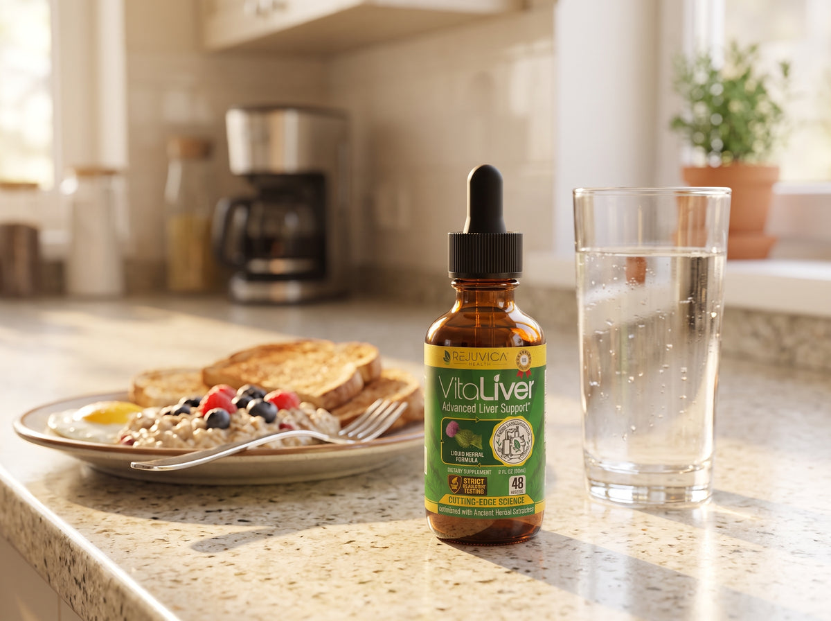 Morning photograph of the VitaLiver bottle on a kitchen countertop sitting next to a tall glass of water and a breakfast plate.