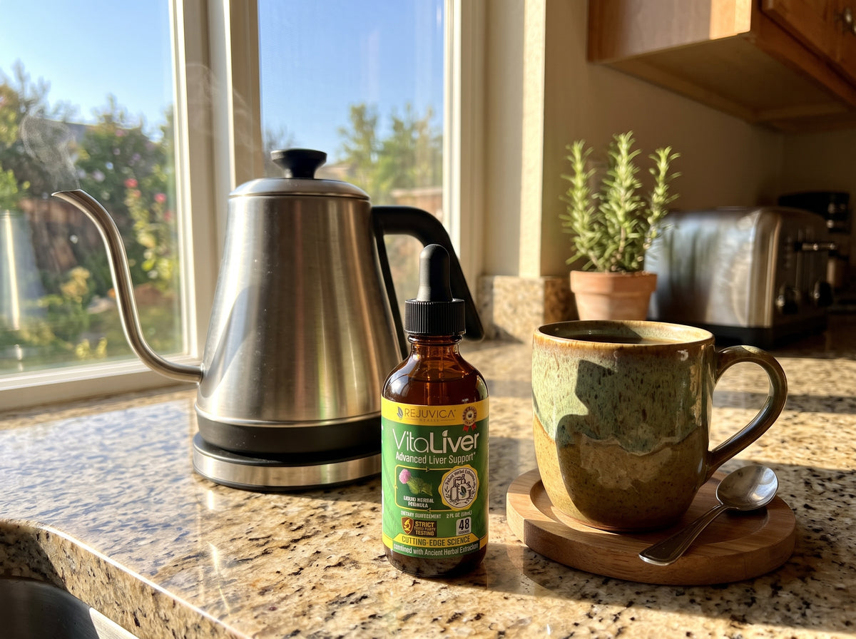 Morning photograph of a VitaLiver bottle on a kitchen countertop sitting next to a hot kettle and a ceramic mug, with sunlight coming through a window.