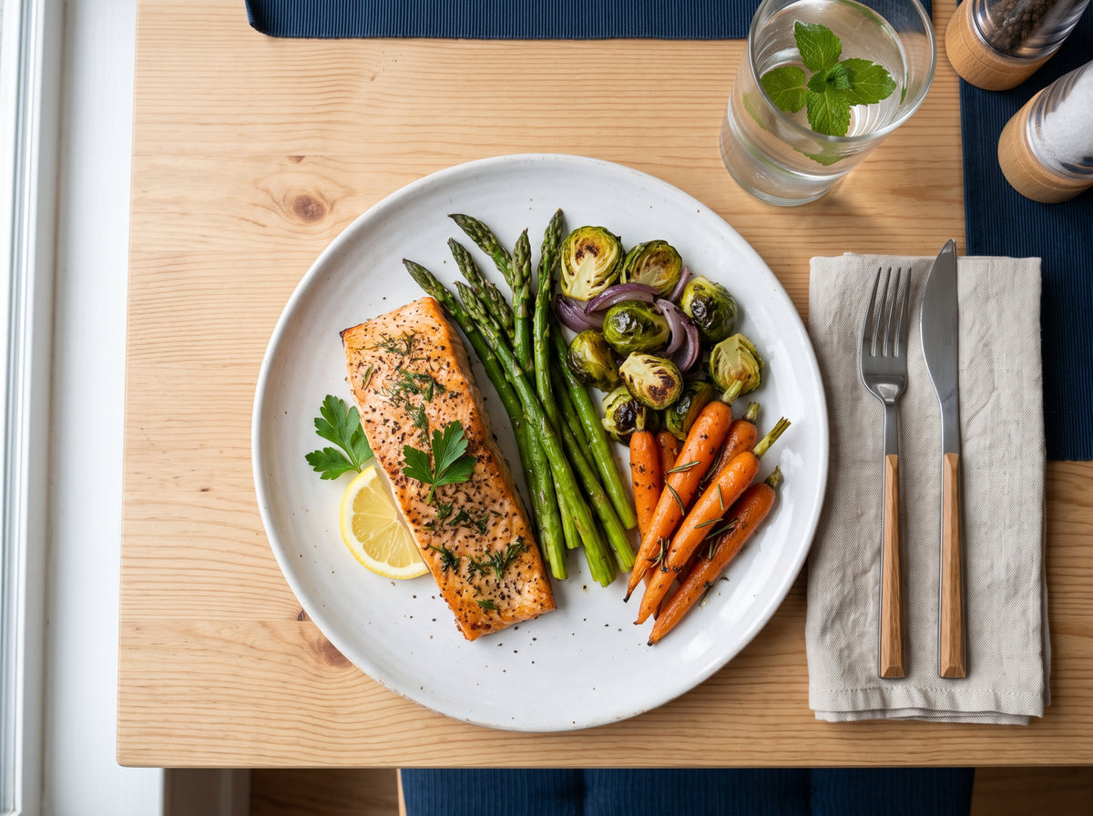 Top-down photograph of a simple dinner plate with cooked vegetables and a piece of protein, sitting on a clean dining table