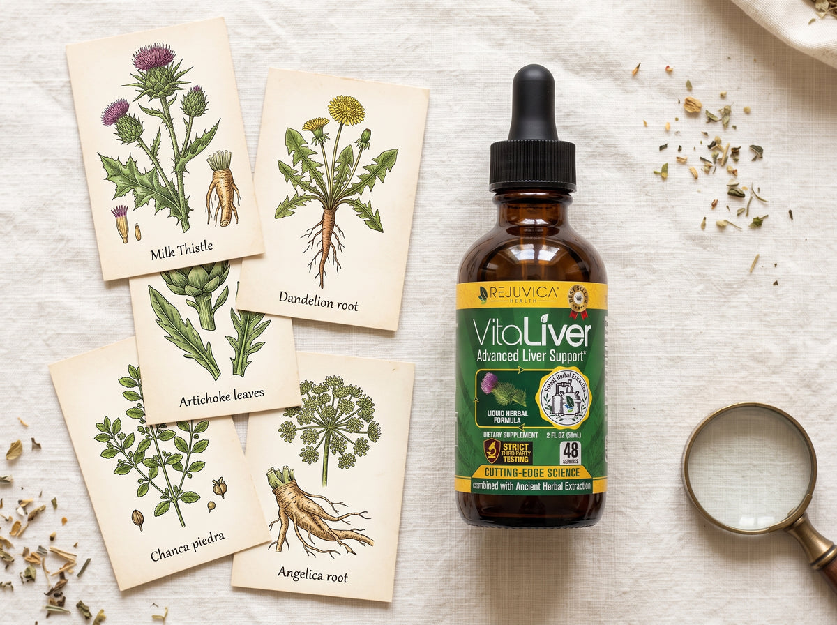 Studio photograph of the VitaLiver bottle and glass dropper on a cream surface. Five watercolor botanical illustrations (milk thistle, dandelion root, artichoke leaf, chanca piedra, angelica root) are fanned out in a semi-circle next to the bottle, each with a small text label.