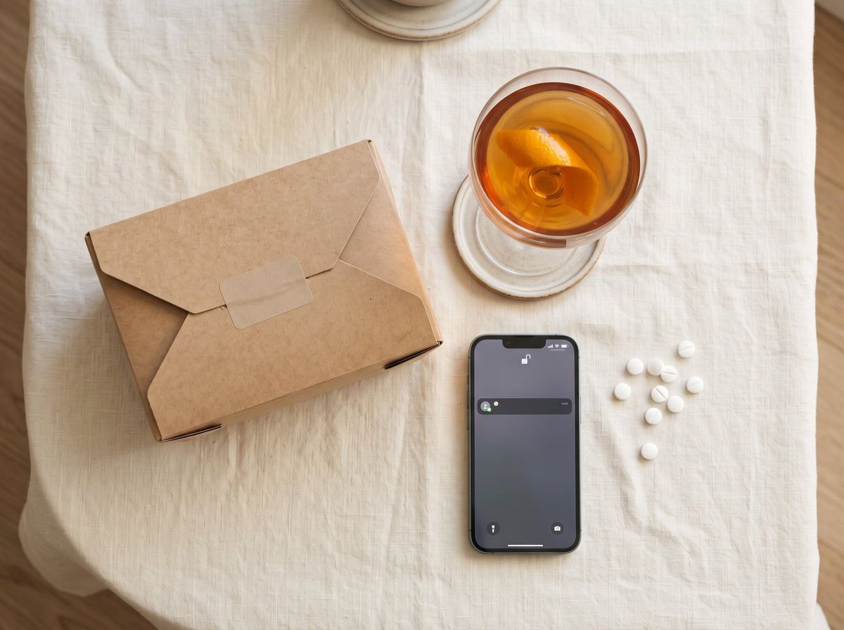 Top-down flat-lay photograph on a cream surface featuring a closed cardboard takeout container, an empty cocktail glass, a face-up smartphone, and a scattering of white pills.