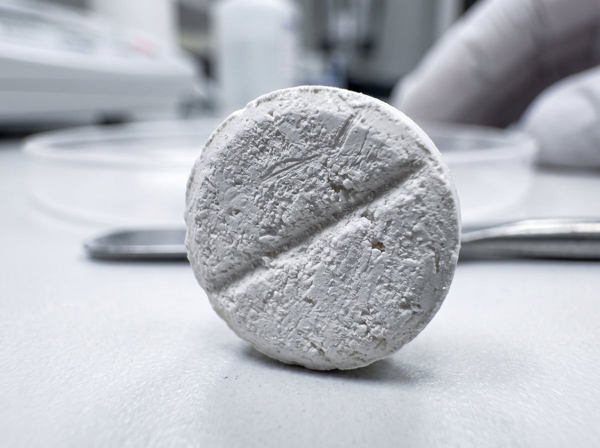 Macro photograph showing the rough, compressed surface of a hard-pressed pill under clinical lighting.