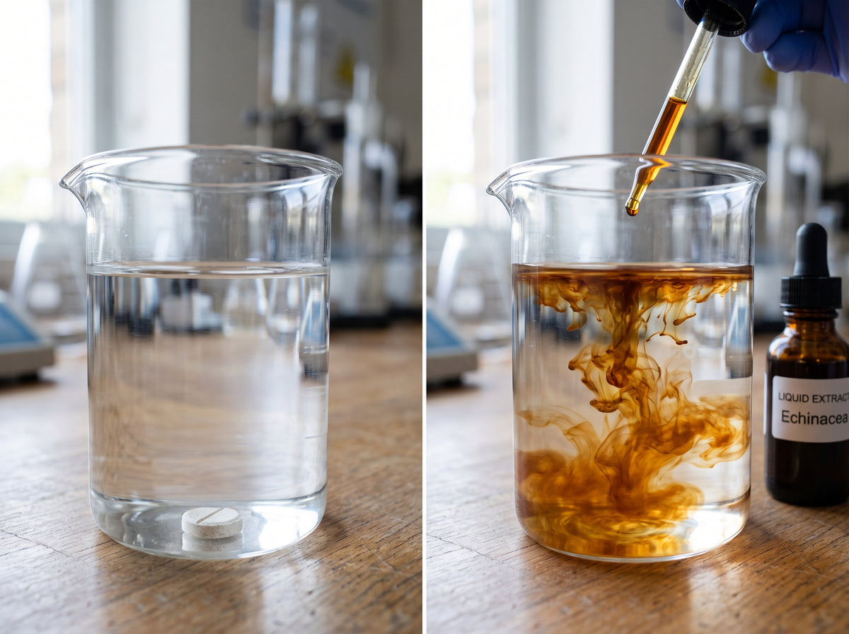 Side-by-side photo: A hard pill sitting whole at the bottom of a glass of water next to liquid extract dispersing smoothly into water.